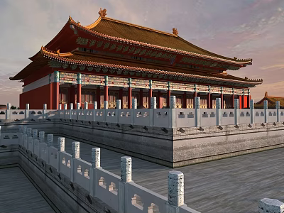 Swing doors in traditional Chinese palace with red walls yellow roof and white railings 3d model