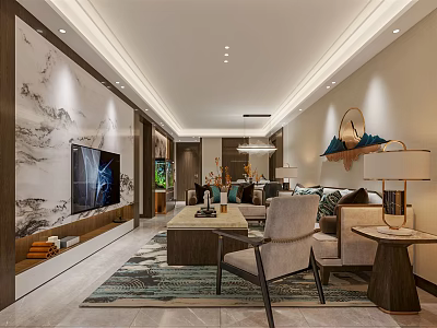 Elegant Modern Living and Dining Room Interior With TV Wall Landscape Painting Sofa and Rug 3d model