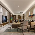 Elegant Modern Living and Dining Room Interior With TV Wall Landscape Painting Sofa and Rug