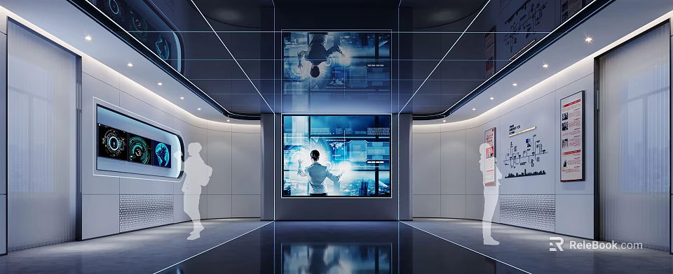 Modern Tech Exhibition Hall With Large Digital Screens And Silhouette Figures 3d model 