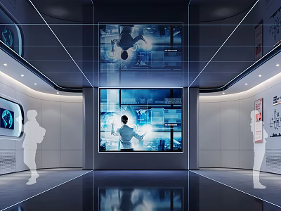Modern Tech Exhibition Hall With Large Digital Screens And Silhouette Figures 3d model