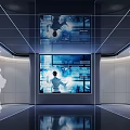Modern Tech Exhibition Hall With Large Digital Screens And Silhouette Figures