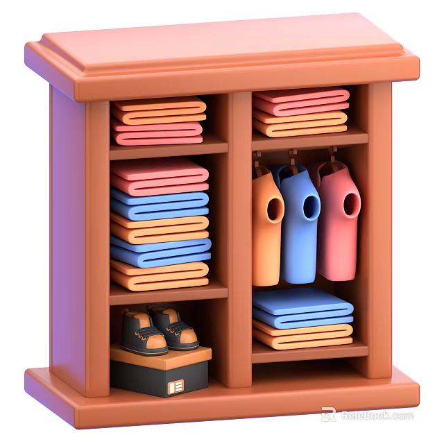 Wooden Wardrobe Interior With Folded Clothes Hanging Garments And Shoes On Shelves 3d model 