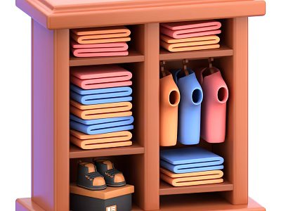 Wooden Wardrobe Interior With Folded Clothes Hanging Garments And Shoes On Shelves 3d model