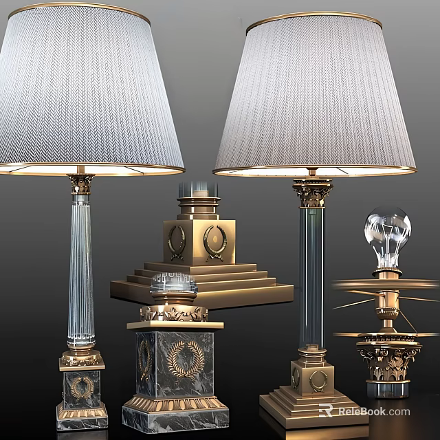 Elegant Table Lamps With Glass Columns Gold Base And Decorative Lampshades 3d model 
