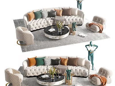 Modern Sofa And Coffee Table Set With Colorful Cushions Accent Chairs Area Rug And Greenery 3d model
