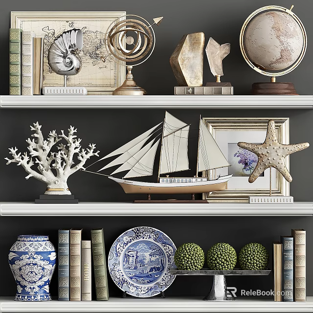 Decorative Ornament Set With Globe Seashell Coral Sailboat Model Starfish And Books On Shelves 3d model 