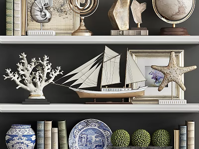 Decorative Ornament Set With Globe Seashell Coral Sailboat Model Starfish And Books On Shelves 3d model