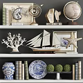 Decorative Ornament Set With Globe Seashell Coral Sailboat Model Starfish And Books On Shelves
