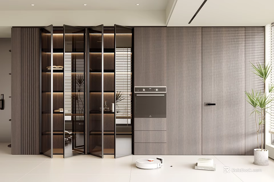 Modern Minimalist Dark Brown Wooden Display Cabinet With Open Glass Doors Shelves And Decorations 3d model 