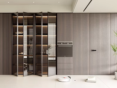 Modern Minimalist Dark Brown Wooden Display Cabinet With Open Glass Doors Shelves And Decorations 3d model