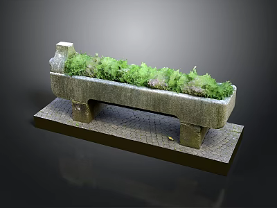 Stone Trough Planter With Green Plants On Brick Platform And Support Legs 3d model