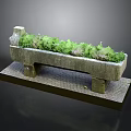 Stone Trough Planter With Green Plants On Brick Platform And Support Legs