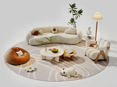 Modern Minimalist Fabric Sofa And Wooden Coffee Table Set With Carpet Pillows Green Plant And Floor Lamp 3d model