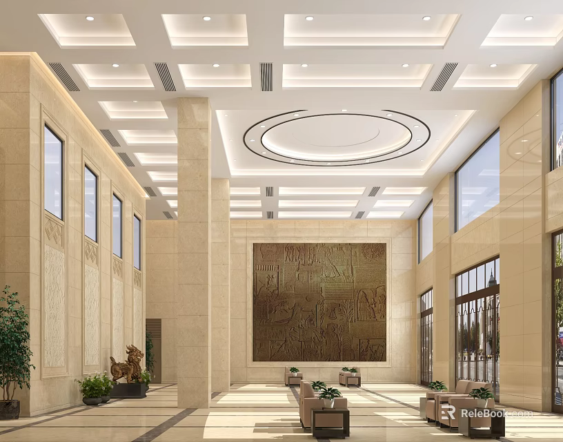 Elegant Spacious Hotel Lobby Interior With Ceiling Design Large Windows And Artwork 3d model 