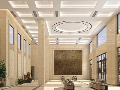 Elegant Spacious Hotel Lobby Interior With Ceiling Design Large Windows And Artwork 3d model