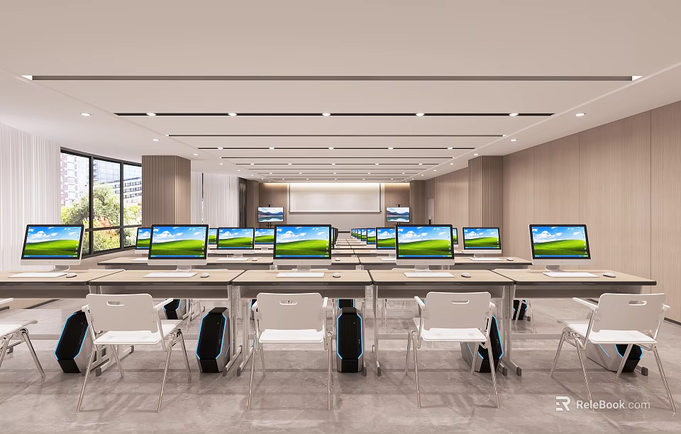 Modern School Classroom With Computers Desks Chairs And Large Windows For Bright Learning Space 3d model