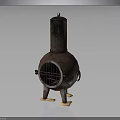 Rusty Metal Stove with Cylindrical Chimney Grilled Door and Short Legs on Wooden Base