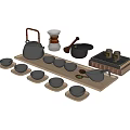 Classic Cast Iron Tea Set With Ceramic Cups Wooden Coasters And Serving Tray 3d model