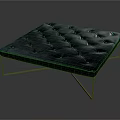 Blue Tufted Square Ottoman With Gold Metal Frame And Leather Upholstery