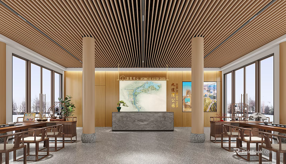 Visitor Center Interior With Wooden Ceiling Large Windows Reception Desk Map And Decorative Paintings 3d model 