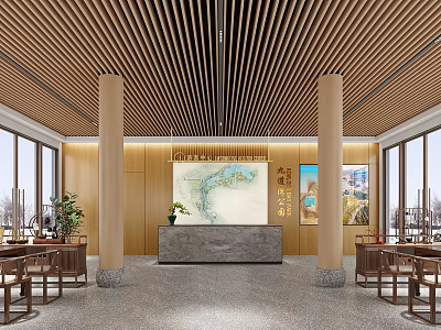 Visitor Center Interior With Wooden Ceiling Large Windows Reception Desk Map And Decorative Paintings 3d model