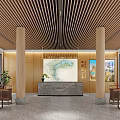 Visitor Center Interior With Wooden Ceiling Large Windows Reception Desk Map And Decorative Paintings