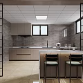 Modern Kitchen Interior Design With Gray Cabinets Island Counter Bar Stools And Windows