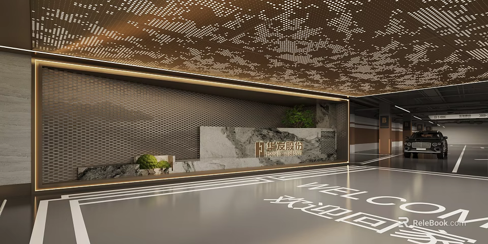 Modern Luxury Parking Garage Entrance With Marble Walls Metal Decor And Green Plants 3d model 