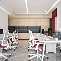 Modern Open Public Office Space With Desks Computers Red Chairs LED Lights And Marble Floor 3d model