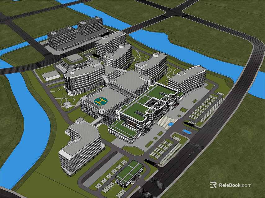 Aerial View Of Modern Large Building Complex With River Roads And Green Areas 3d model 