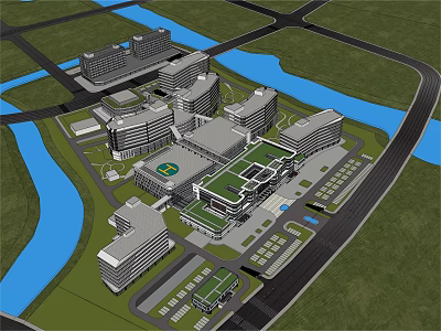 Aerial View Of Modern Large Building Complex With River Roads And Green Areas 3d model