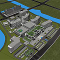 Aerial View Of Modern Large Building Complex With River Roads And Green Areas