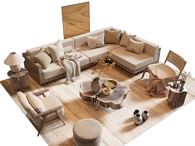 Cozy Natural Interior With Beige Sofa Wooden Coffee Table Throw Pillows Blanket And Accent Chairs 3d model