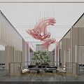 Elegant Modern Hotel Lobby Interior With Large Red Decorative Chandelier Comfortable Sofa And Green Plants