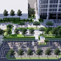 Office Building Landscape With Greenery Trees Parking Area And Walkways 3d model
