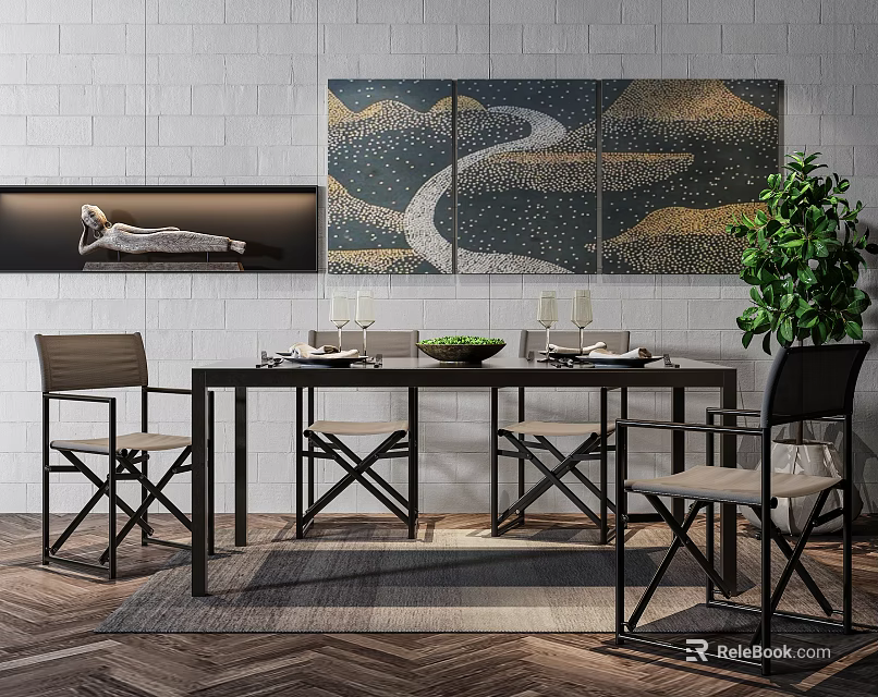Minimalist Dining Table Set With Black Frame Four Chairs Wall Art And Tableware 3d model 