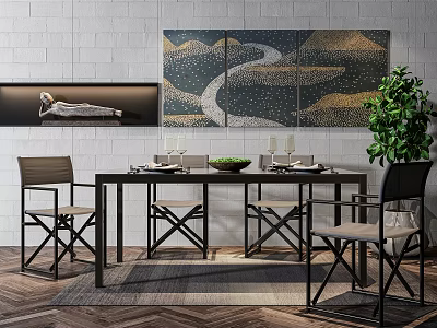 Minimalist Dining Table Set With Black Frame Four Chairs Wall Art And Tableware 3d model