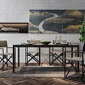 Minimalist Dining Table Set With Black Frame Four Chairs Wall Art And Tableware