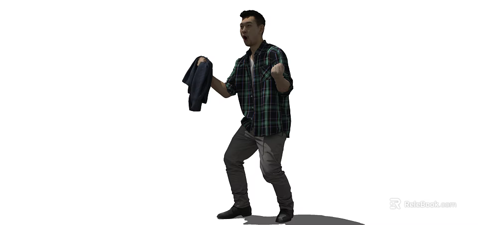 Man Wearing Plaid Shirt Standing And Holding Jacket In Hand With Casual Posture 3d model 