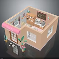 Cute Cat In Pink Cafe Model With Kitchen Interior And Outdoor Plants