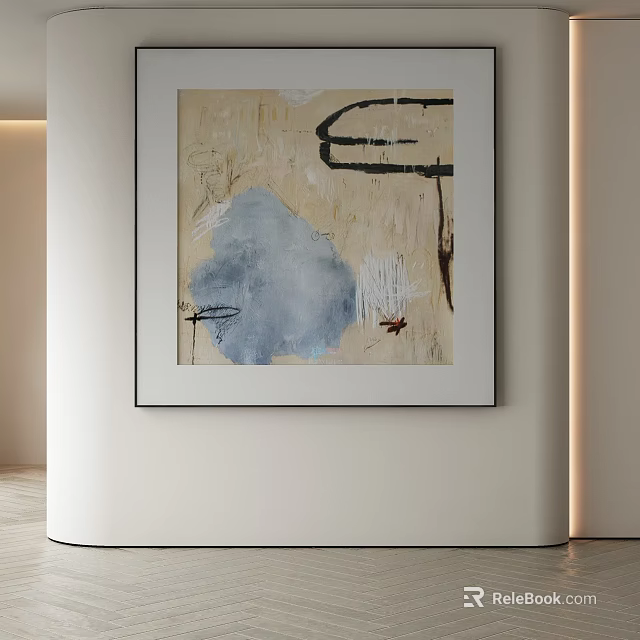 Modern Abstract Painting With Beige Background Blue Color Block And Black Brush Strokes 3d model 