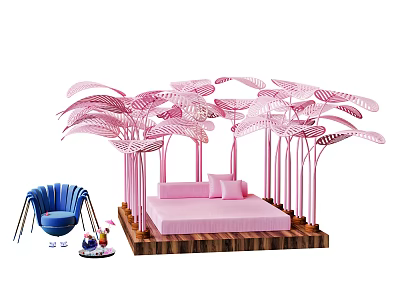 Pink Double Bed Interior With Pink Palm Trees And Blue Chair Decorations 3d model