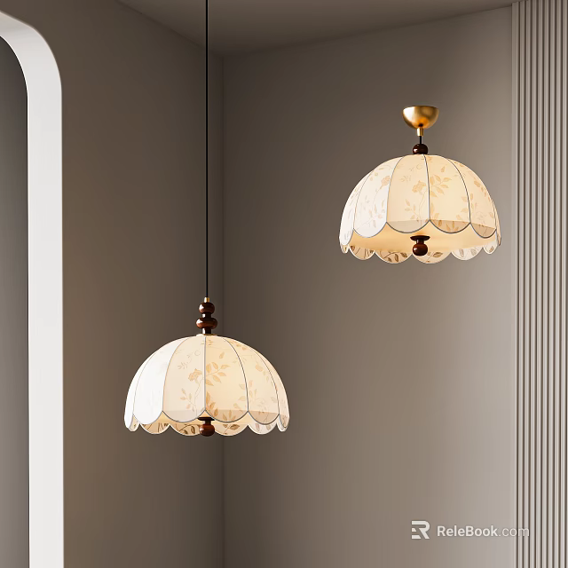 Elegant White Lace Shade Pendant Light With Gold Base Hanging In Room 3d model 