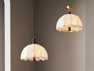 Elegant White Lace Shade Pendant Light With Gold Base Hanging In Room 3d model
