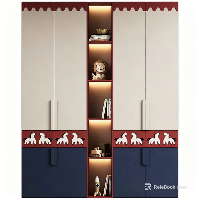 Modern Stylish Bookcase with White Red Blue Sections Illuminated Shelves and Decorative Items Books Figurine 3d model 