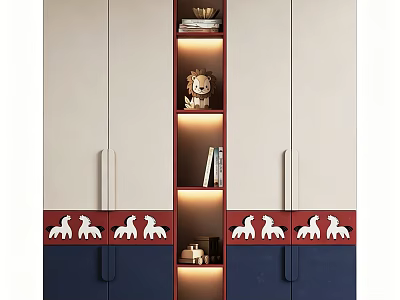 Modern Stylish Bookcase with White Red Blue Sections Illuminated Shelves and Decorative Items Books Figurine 3d model