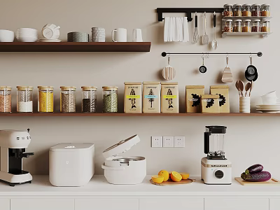 Modern Kitchen Dinnerware Set With Shelves Storage Jars Hanging Utensils Countertop Appliances And Fruits 3d model