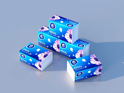 Soft Facial Tissue Boxes With Blue Packaging And White Flower Patterns For Home Use 3d model