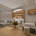 Modern Beauty Salon Interior With Sofa Table Chairs Massage Bed And Product Shelves